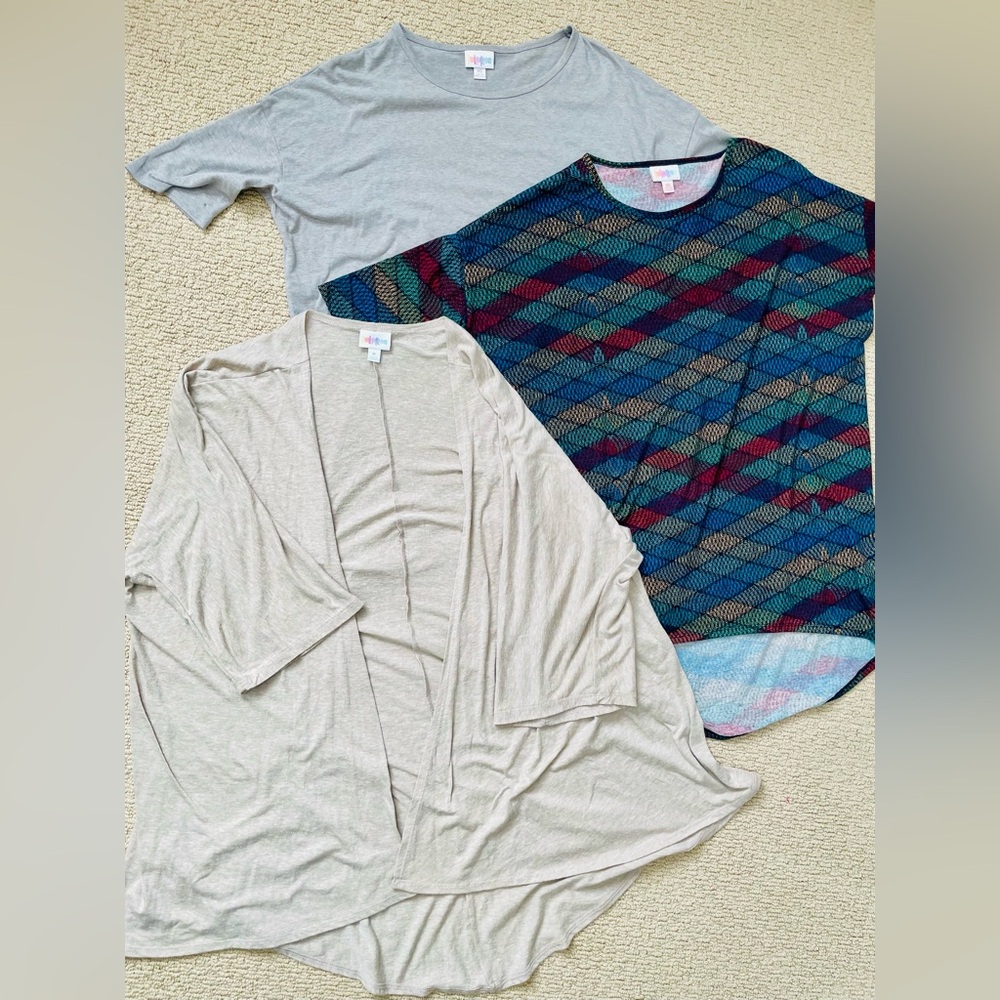 Colorful Patterned T-Shirt and Neutral Cardigans